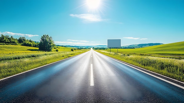 Photo bright sunny day open road stretching to horizon empty billboard on roadside vibrant green fields cl