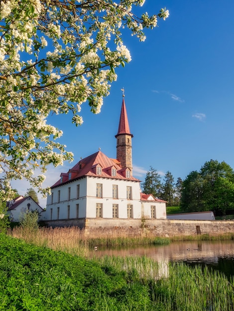 Bright sunny spring view with lake and a old white Maltese castle State Museum Reserve Gatchina Russia Vertical view