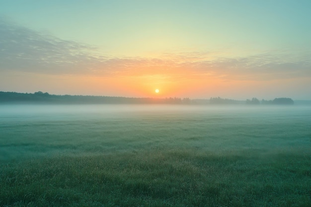 Bright sunrise over a misty field at dawn illuminating a tranquil rural landscape