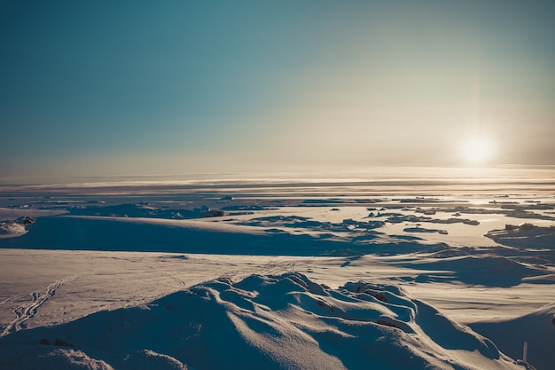 bright sunrise panorama of the Antarctica.