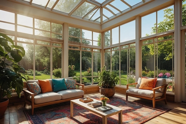 Photo bright sunroom with panoramic windows overlooking a ga