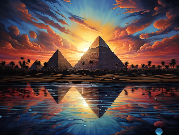 Photo bright sunset over pyramids