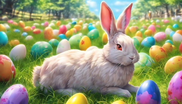 Bright Susser Osterhase sitzt auf Ostereiern fur Ostermontag Osterferien KI generiert