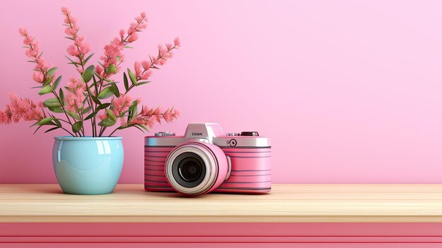 Bright template background with pink camera Flat lay