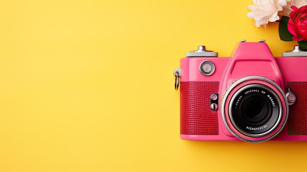 Bright template background with pink camera on yellow in Flat lay