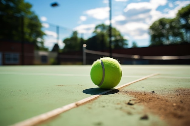 Bright tennis ball on sunny court copy space for text or design sport background