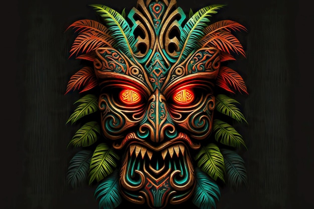 Bright tiki mask of evil deity with glowing yellow eyes on black background