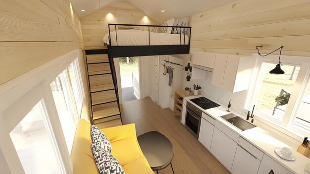 Bright Tiny Home Featuring Loft Bed and Modern Staircase AI Generated