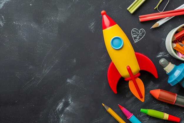 Bright toy rocket and school supplies on chalkboard flat lay with space for text