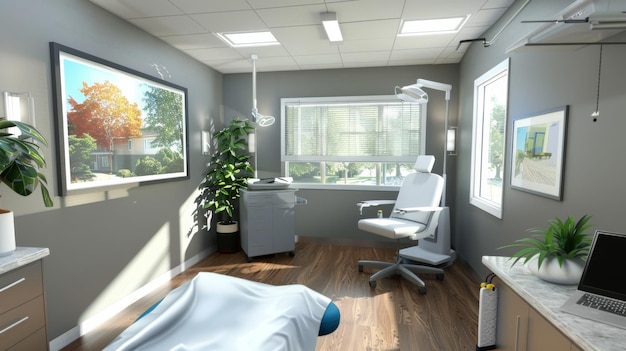 Photo a bright tranquil medical office with modern furnishings lush indoor plants and large windows letting in natural light creating a serene environment