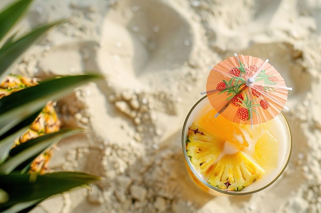 Photo bright tropical drink on sand with pineapple and umbrella