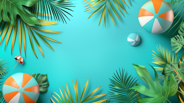 Photo a bright tropicalthemed background with palm leaves beach balls and a small umbrella against a turquoise backdrop