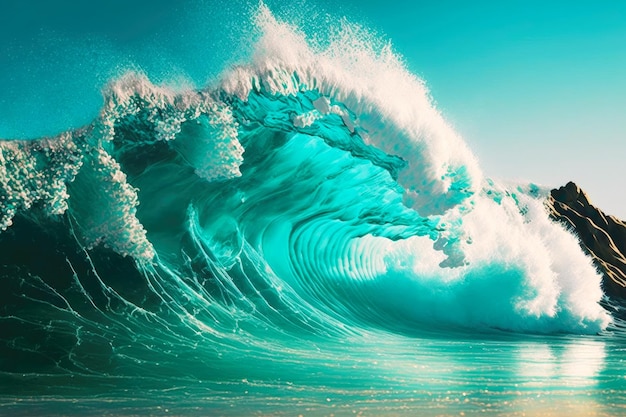 Bright turquoise breaking wave on ocean on sunny day