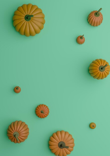 Bright turquoise green 3D illustration autumn fall Halloween themed product display podium stand background or wallpaper with pumpkins vertical product photography flat lay top view from above