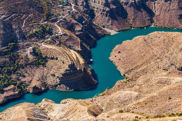 Bright turquoise river in the mountains Sulak Canyon in Dagestan