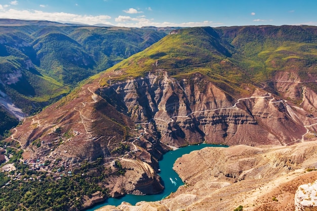 Bright turquoise river in the mountains Sulak Canyon in Dagestan