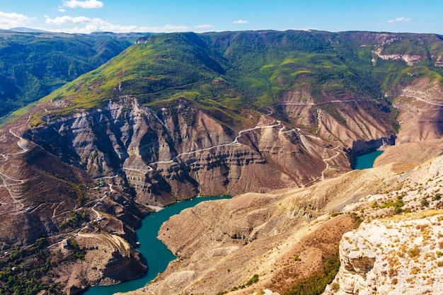 Bright turquoise river in the mountains Sulak Canyon in Dagestan