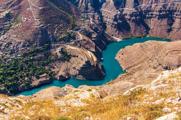 Bright turquoise river in the mountains Sulak Canyon in Dagestan