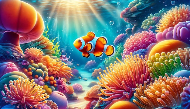 Photo bright underwater scene with clownfish and coral reefs