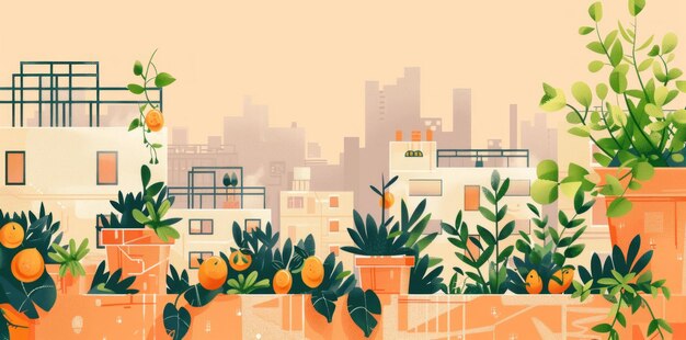 Photo bright urban landscape with orange trees and greenery on rooftops against a soft peach backdrop