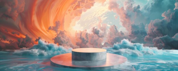 Photo bright and vibrant mockup with a central podium surrounded by fantasy clouds and water