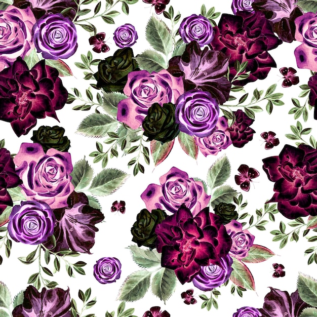 Bright watercolor flowers seamless pattern with roses peony petunia and butterfly