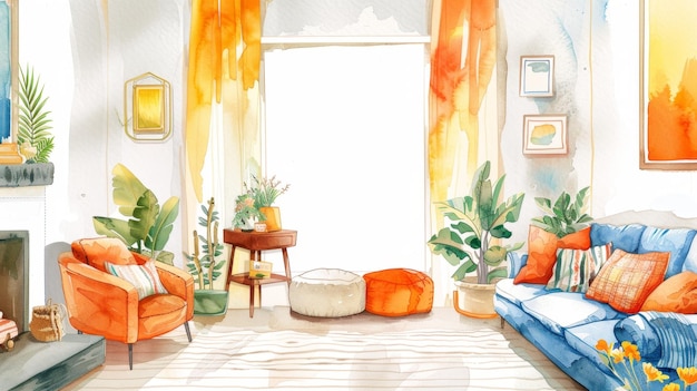 Bright Watercolor Living Room with Lush Indoor Plants