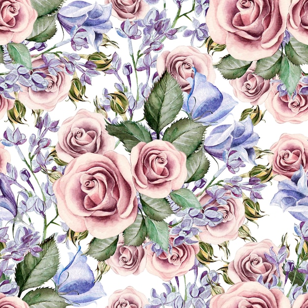 Bright watercolor seamless pattern with flowers eustoma roses and lilacs illustrations