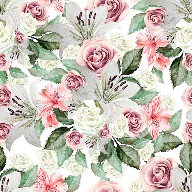 Bright watercolor seamless pattern with flowers lilies roses leaves and alstroemeri illustrations