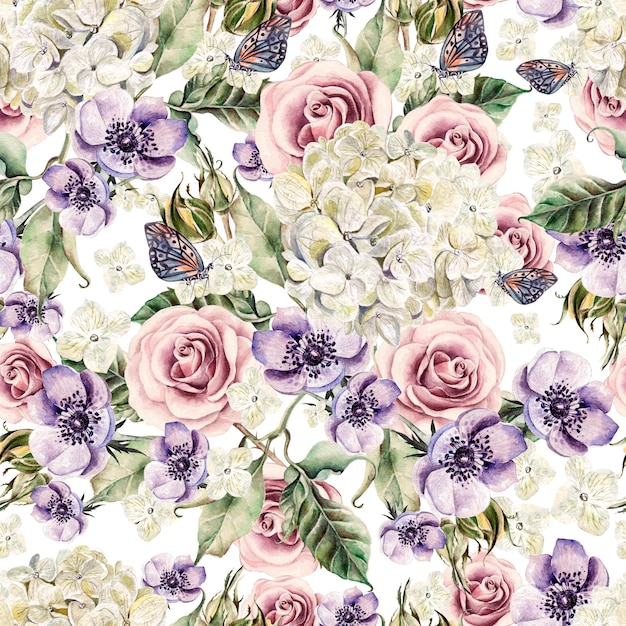 Bright watercolor seamless pattern with flowers roses anemones and hydrangea