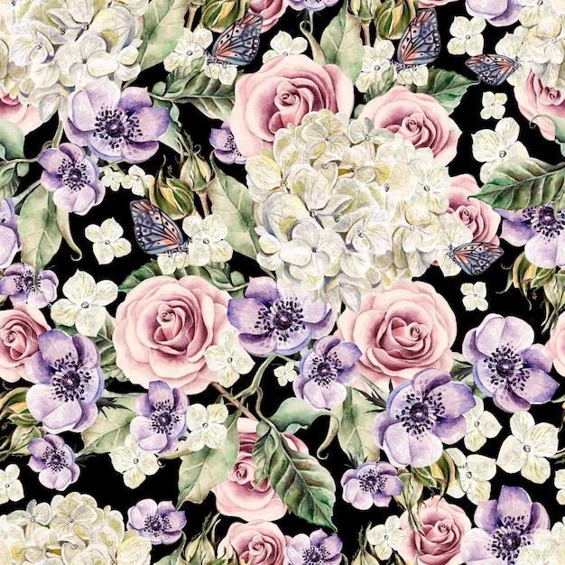 Bright watercolor seamless pattern with flowers roses anemones and hydrangea