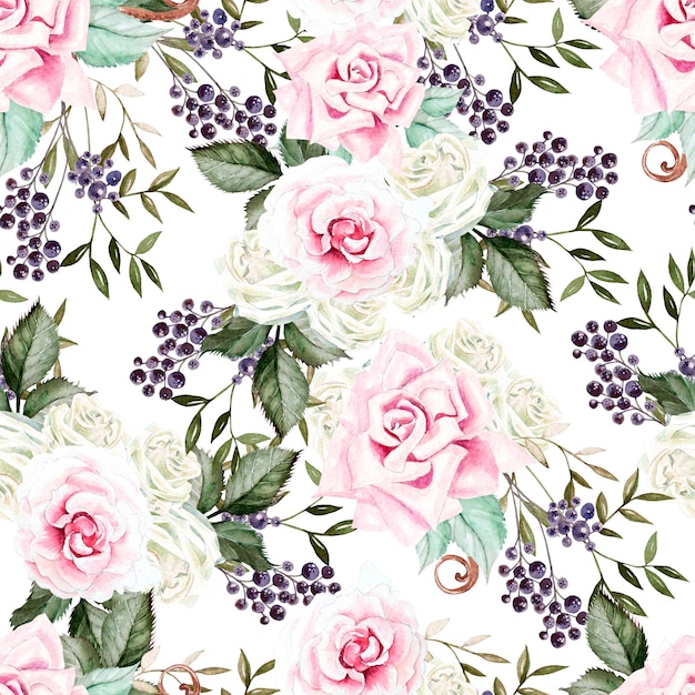 Bright watercolor seamless pattern with flowers roses blackberries Illustration