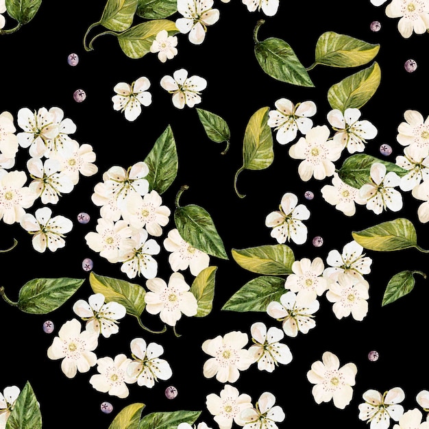 Bright watercolor seamless pattern with white flowers