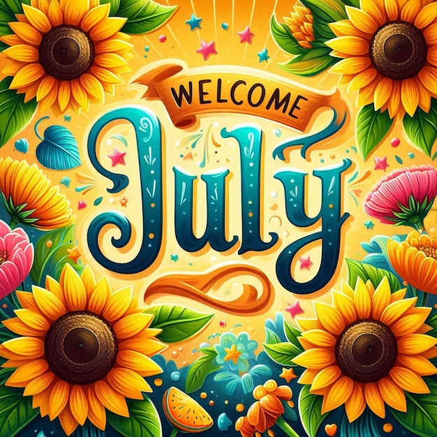 Photo bright welcome july banner with sunflowers vibrant summer colors and playful typography warm and cheerful