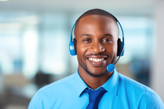 Bright and welcoming male call center agent with headphones in a modern office space