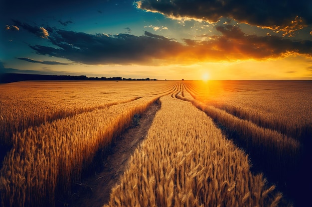 A bright wheat field with wood floors and a beautiful sunset cloud sky