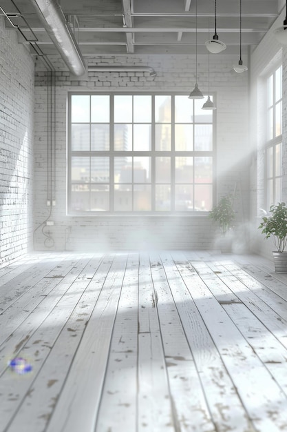 Photo bright white empty loft interior with wooden floor and large windows