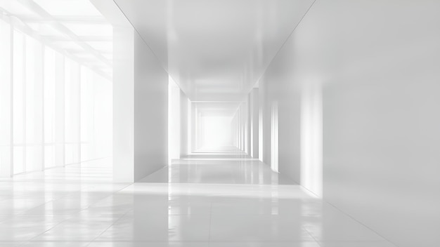 Photo bright white futuristic modern empty room with shiny reflective floor and large windows