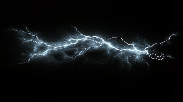 A bright white lightning bolt streaks across a black background