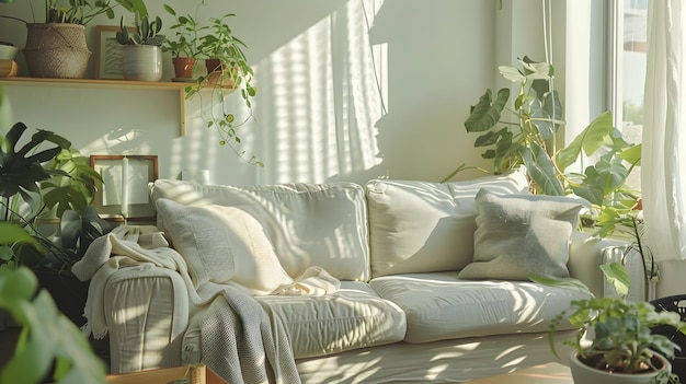 Bright White Living Room Filled with Plants Bathed in Sunrays