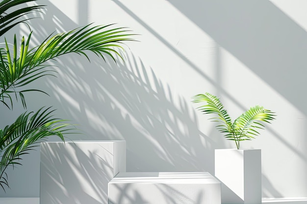 Bright white podiums with tropical palm leaf shadows Ideal for showcasing cosmetics goods shoes bags