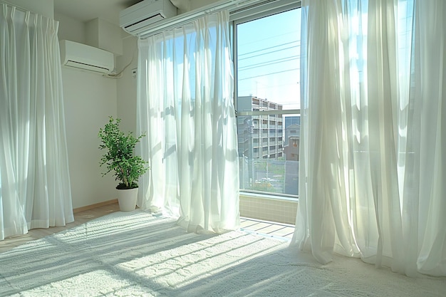 A bright white room with sheer curtains a small green plant on the left side of the picture and a b