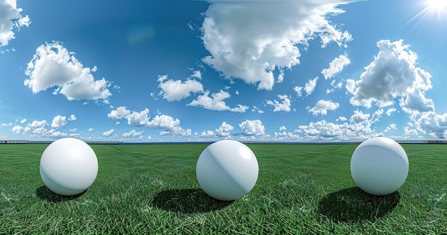 Bright white spheres on lush green grass under sunlight at the stadium