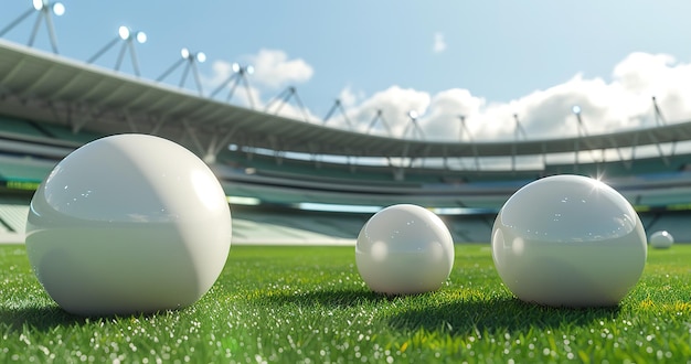 Bright white spheres on lush green grass under sunlight at the stadium