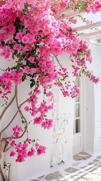 Bright white wall with pink flowers