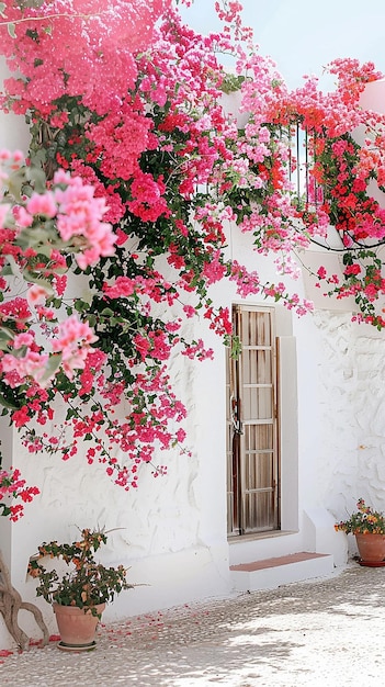 Bright white wall with pink flowers