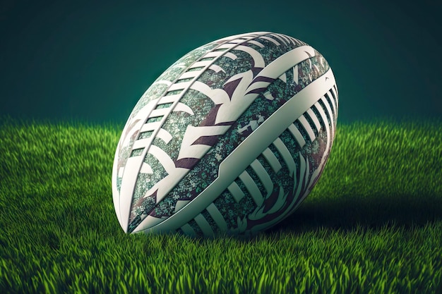 Bright whitestriped american football ball lying on grass of sports stadium generative ai