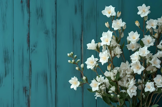 bright wildflowers on the background of painted wooden boards