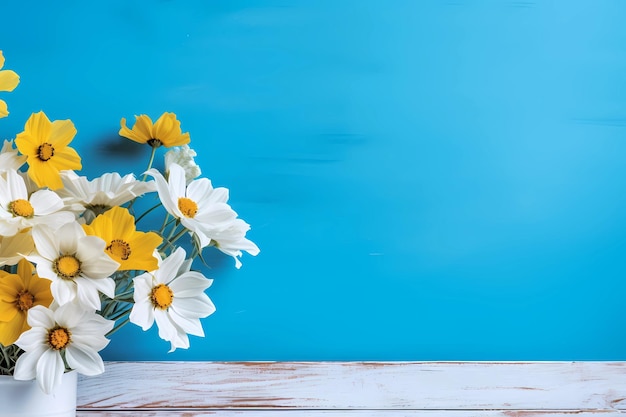 bright wildflowers on the background of painted wooden boards