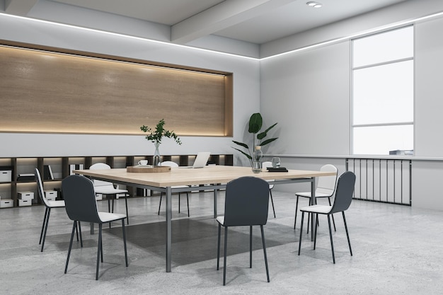 Bright wooden and concrete meeting room interior with long mock up panel decorative plant and furniture Boardroom law and legal concept 3D Rendering